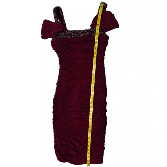 BADGLEY MISHKA Wine Red Rutched Bodycon Dress - Picture 13 of 14